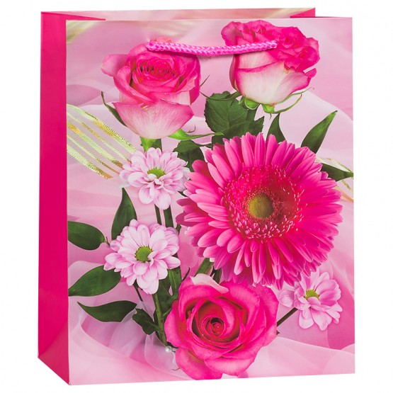 Пакет подарочный Букет (розы, герберы), Розовый, 27*33*14 см