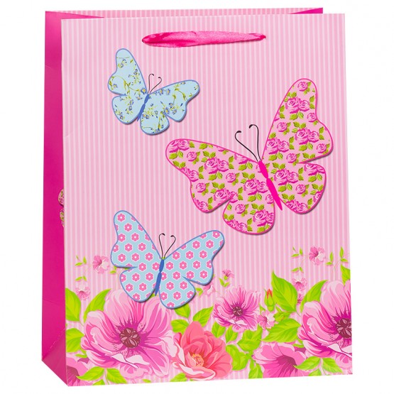 Пакет подарочный Бабочки на лугу, Розовый, 26*32*12 см